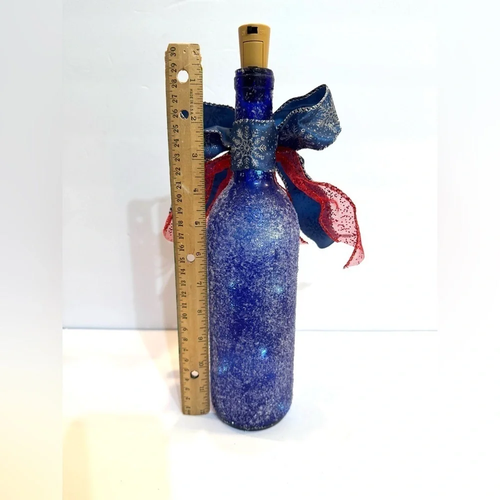 NEW OOAK Blue Santa Icy Lighted Christmas Wine Bottle Holiday Decor